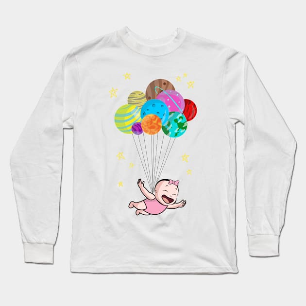 Space Travel Happy Flying Baby Balloon Planets Long Sleeve T-Shirt by 4U2NV-LDN